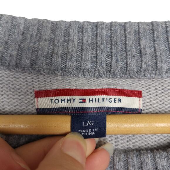 Tommy Hilfiger Women's Knit Velvet Logo Crewneck Wool Blend Sweater Large Gray - Picture 5 of 10